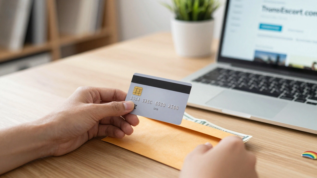 A prepaid card and cash on a table beside a laptop showing a trans-specific escort directory, with a rainbow pin nearby.
