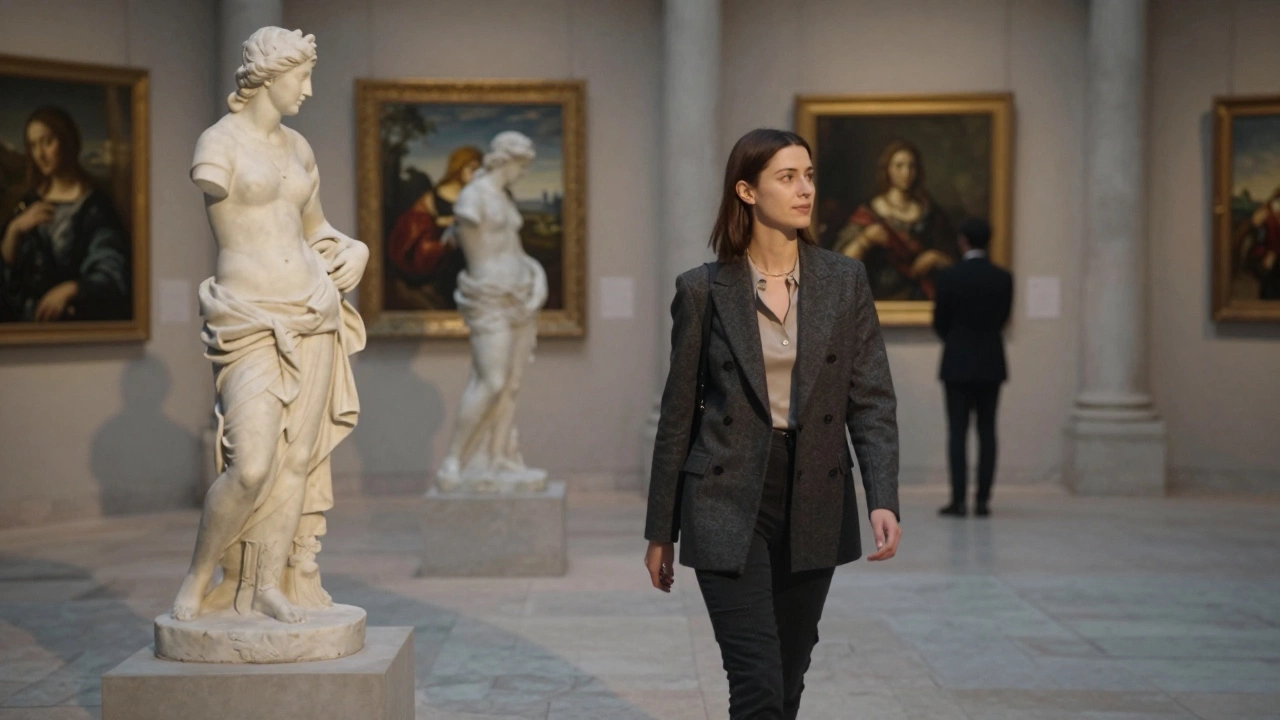 An elegant companion and client walking through a private art gallery courtyard at dusk.