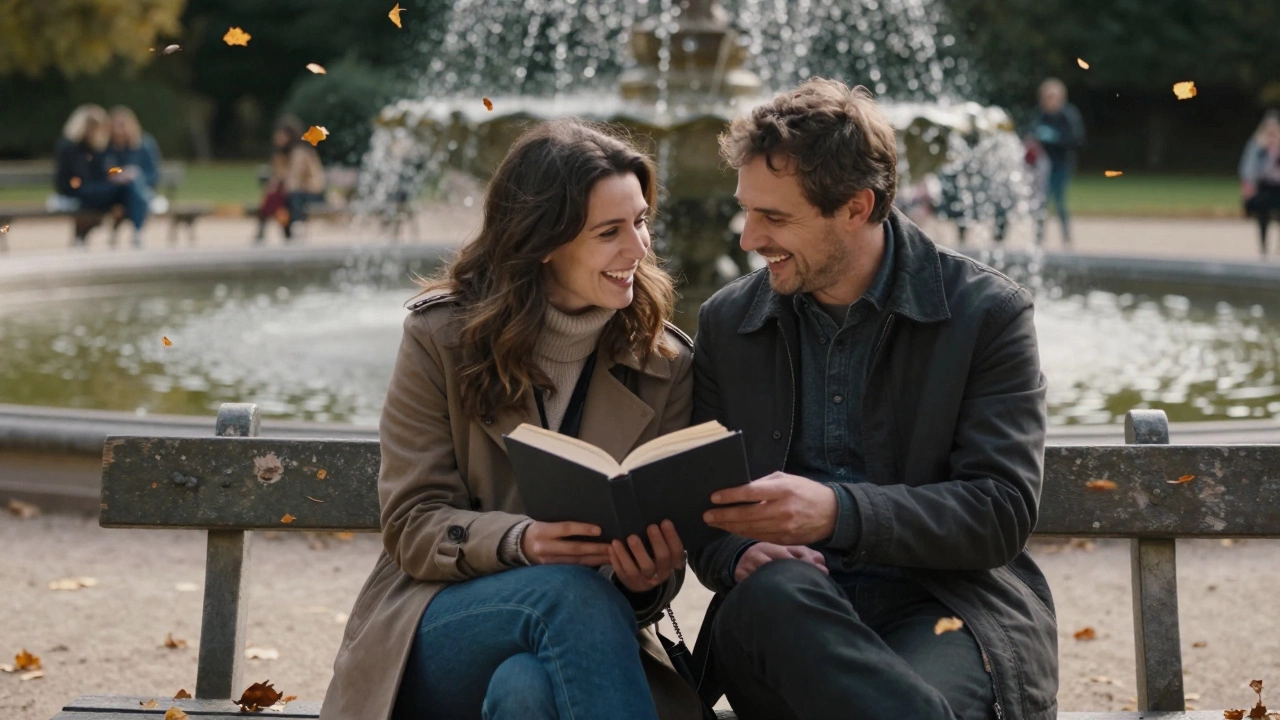 Two people sitting quietly on a bench in Luxembourg Gardens, sharing a book in autumn light.